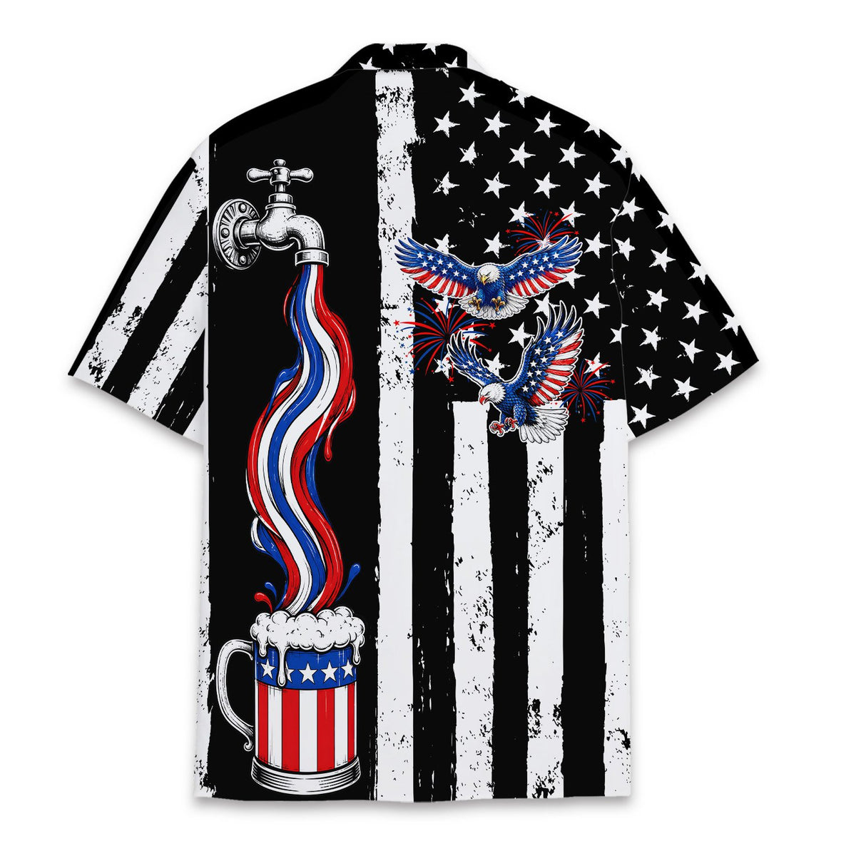 Back view of the patriotic hawaiian shirt with flag and eagle motifs