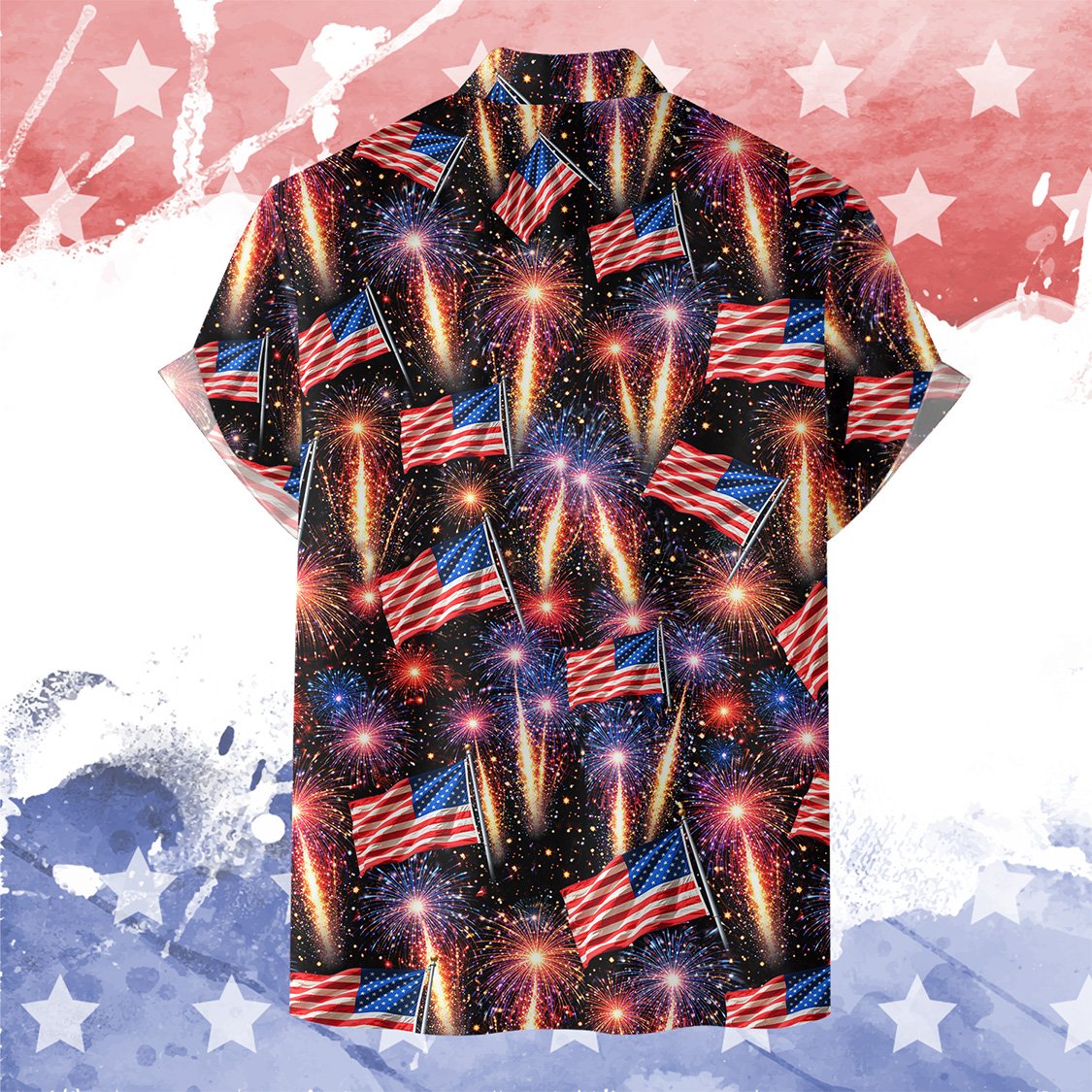 Back view of the matching family Hawaiian shirt with American flags