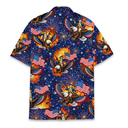 Back view of the patriotic hawaiian shirt with fireworks and soldier pattern