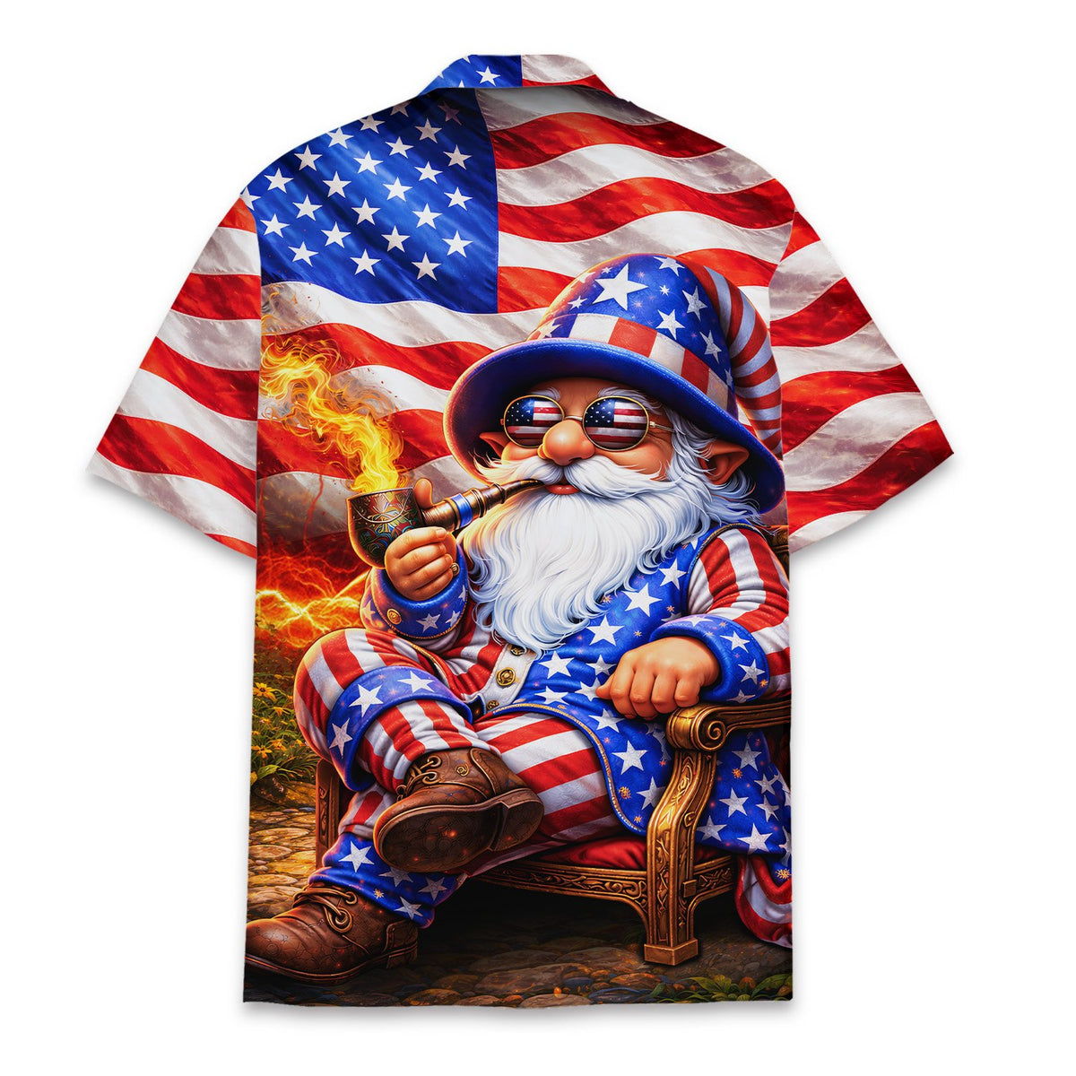Back view of the patriotic hawaiian shirt showcasing the wavy American flag design