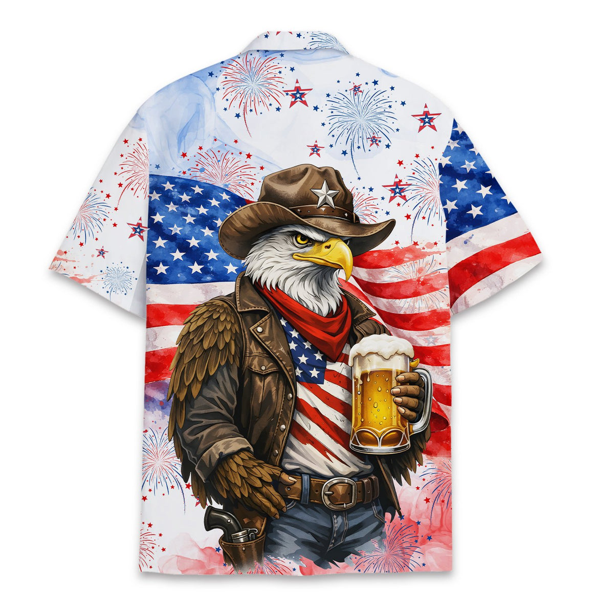 Patriotic hawaiian shirt with cowboy eagle and fireworks, back view