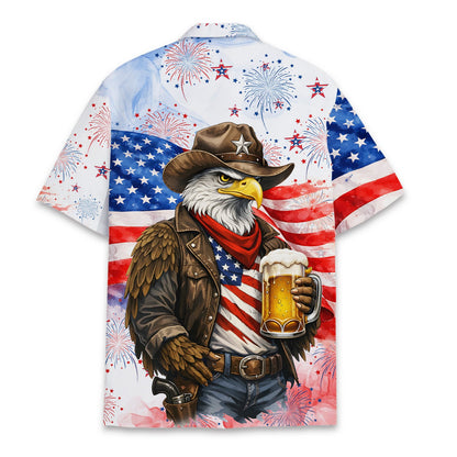 Patriotic hawaiian shirt with cowboy eagle and fireworks, back view