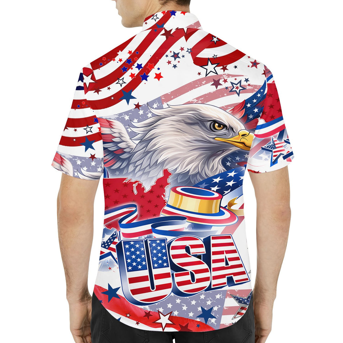Back view of the patriotic hawaiian shirt featuring an all-over eagle and flag design