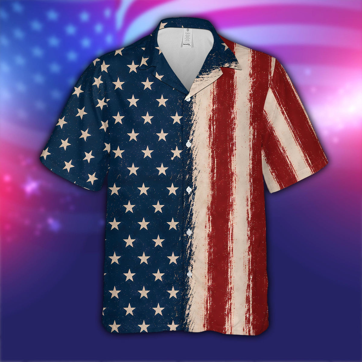 Navy patriotic hawaiian shirt featuring distressed American flag design, front view