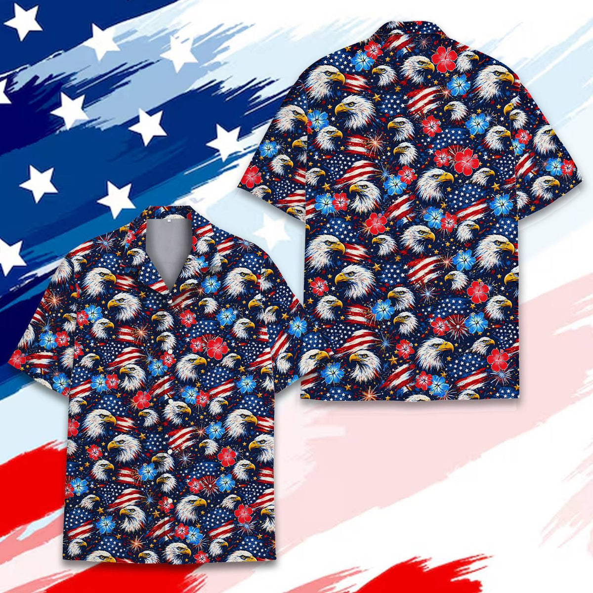 Patriotic hawaiian shirt featuring bald eagles, flags, and hibiscus on a starry background, alternative front view 2