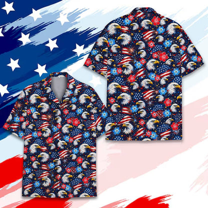 Patriotic hawaiian shirt featuring bald eagles, flags, and hibiscus on a starry background, alternative front view 2