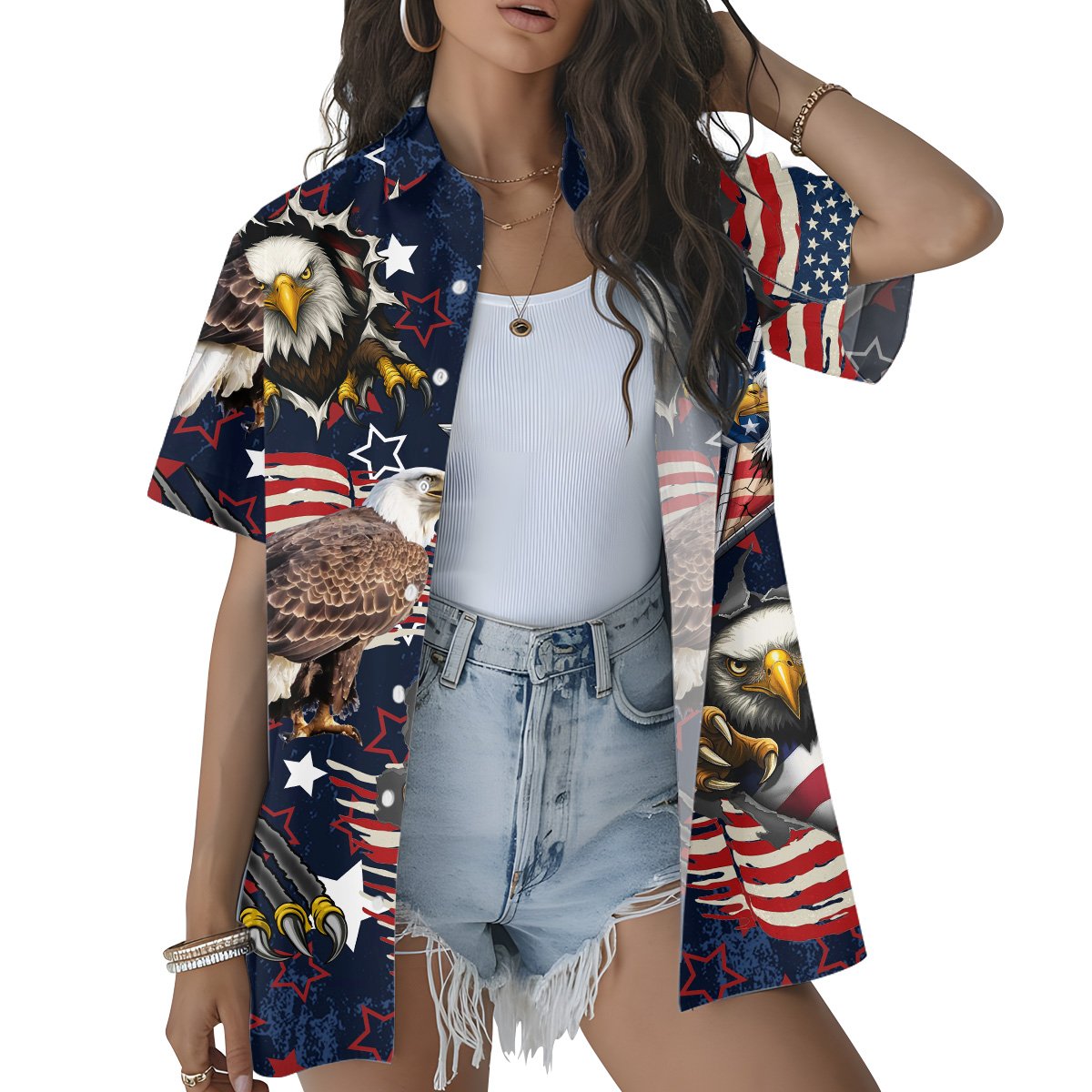 Close up front view of patriotic hawaiian shirt with stars and stripes
