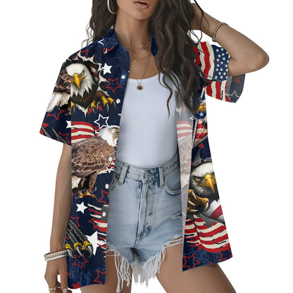 Close up front view of patriotic hawaiian shirt with stars and stripes