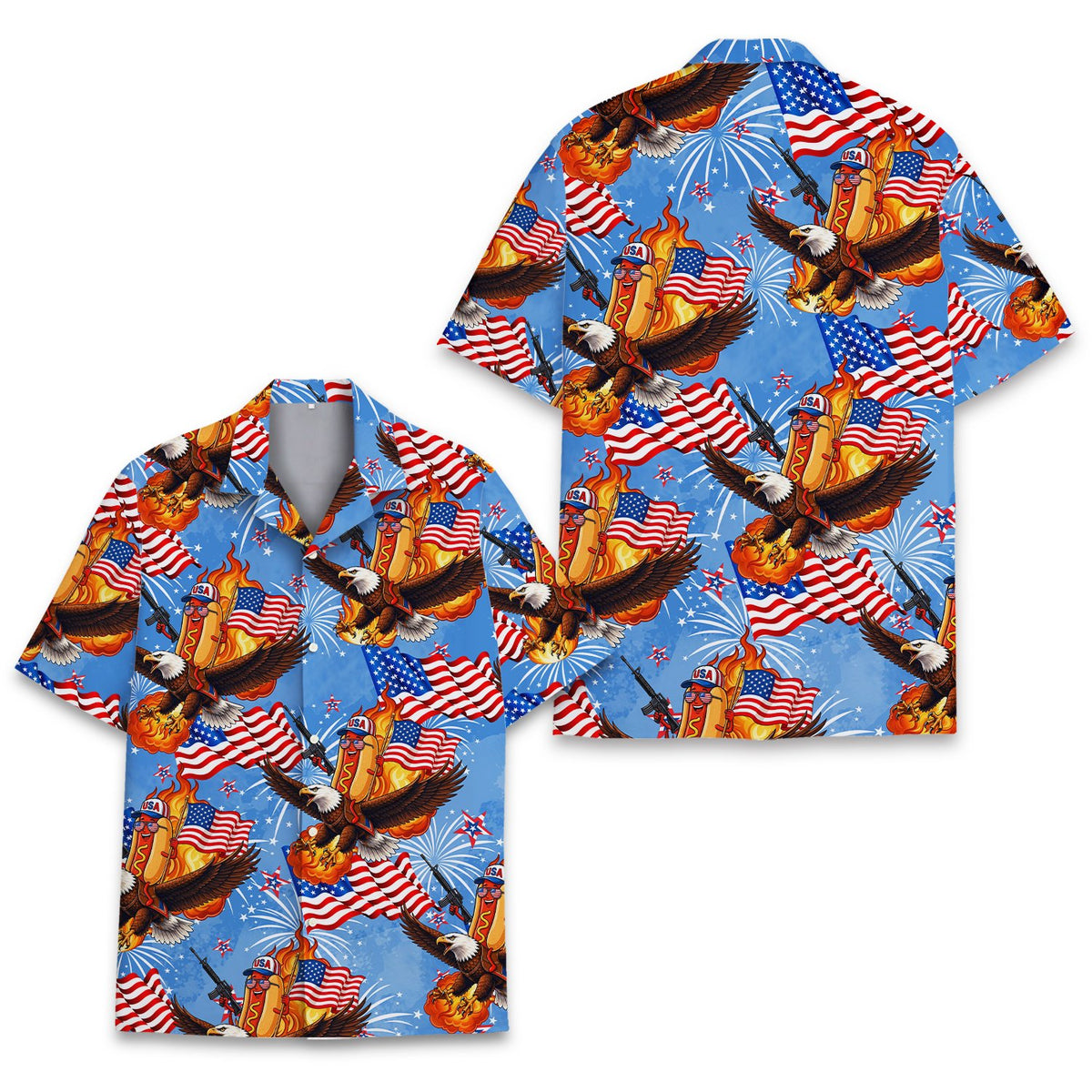 Matching family hawaiian shirt with patriotic hot dog design, front view