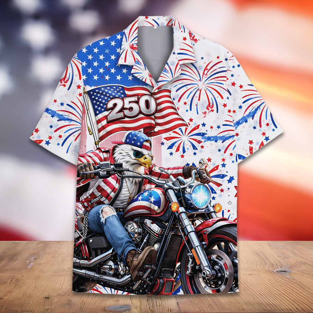 Front view of the eagle and american flag hawaiian shirt