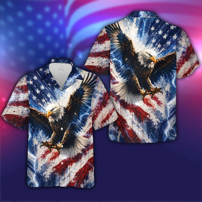 Close-up front view of the red patriotic hawaiian shirt with edgy bald eagle and lightning bolt pattern