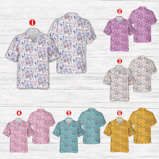 Multicolor patriotic hawaiian shirt with hand-drawn illustrations on a hanger