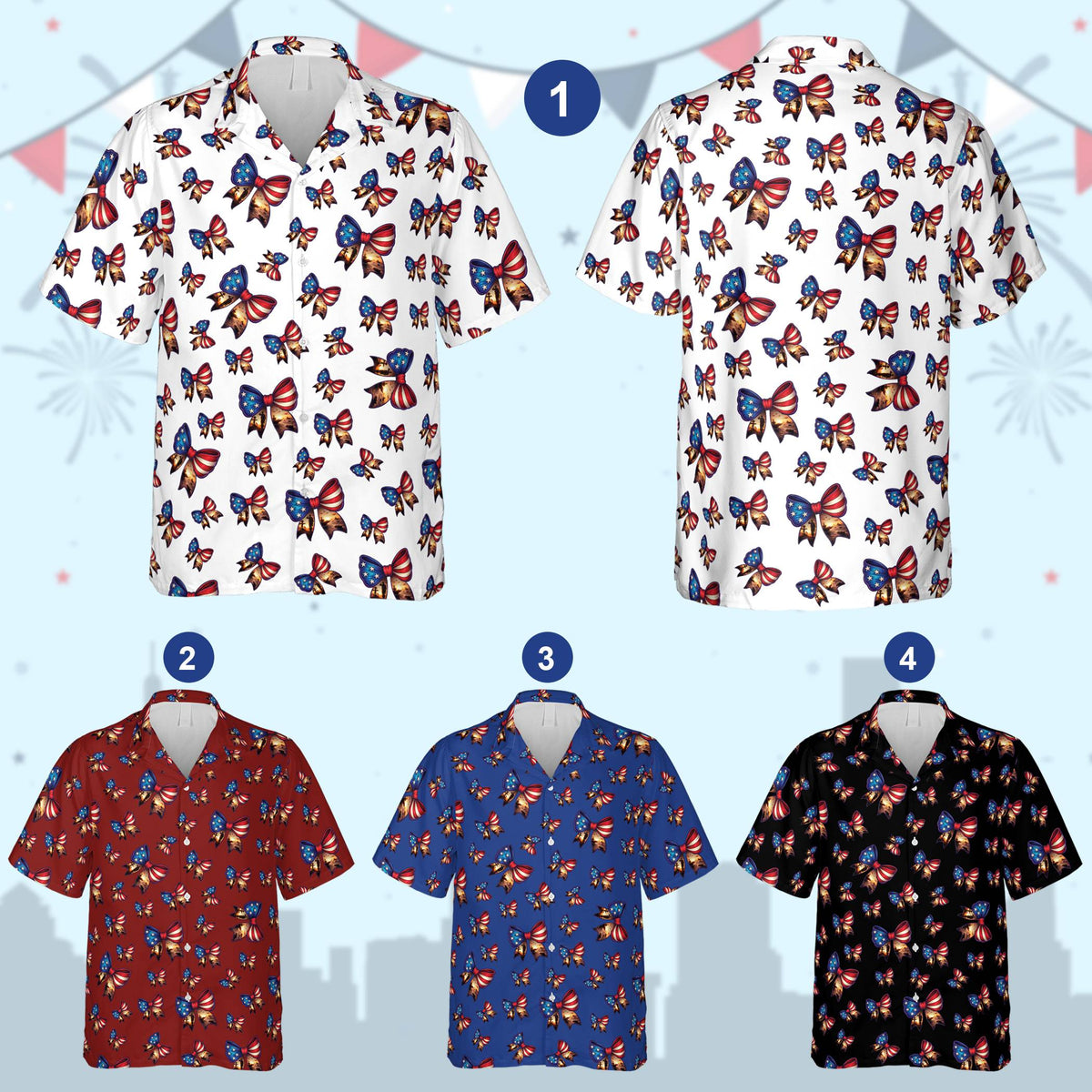 Multicolor matching family hawaiian shirt with patriotic bow pattern