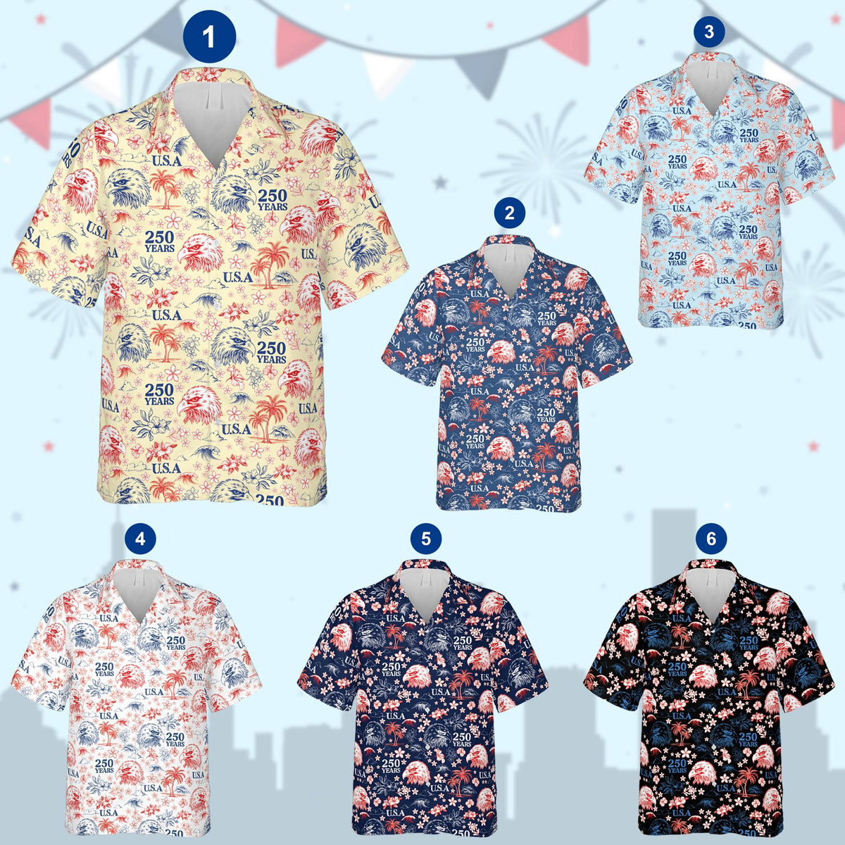 Patriotic hawaiian shirt with bald eagles on a multicolor background, front view