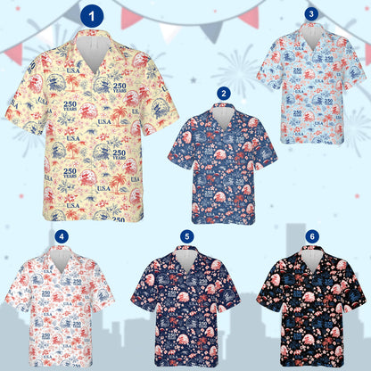Patriotic hawaiian shirt with bald eagles on a multicolor background, front view