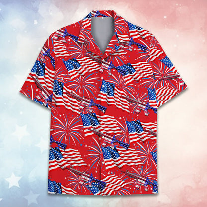 Another front view showcasing the Fourth of July patriotic design on the hawaiian shirt