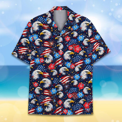 Patriotic hawaiian shirt featuring bald eagles, flags, and hibiscus on a starry background, alternative front view 3