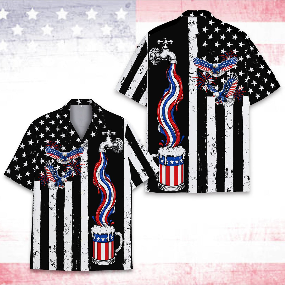 Adult patriotic hawaiian shirt showing distressed flag details, front view