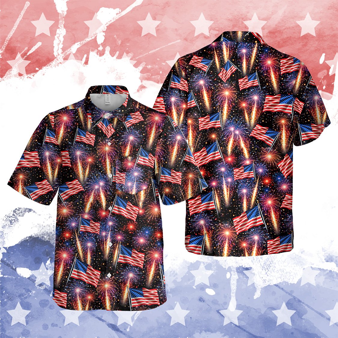 Close up front view of the Fourth of July Hawaiian shirt