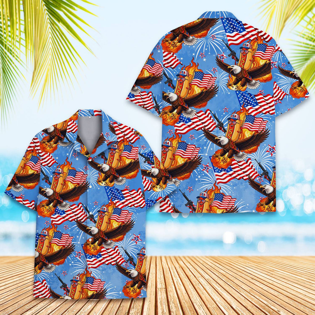 Fourth of July hawaiian shirt on blue background, front view