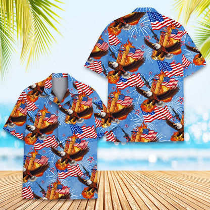 Fourth of July hawaiian shirt on blue background, front view