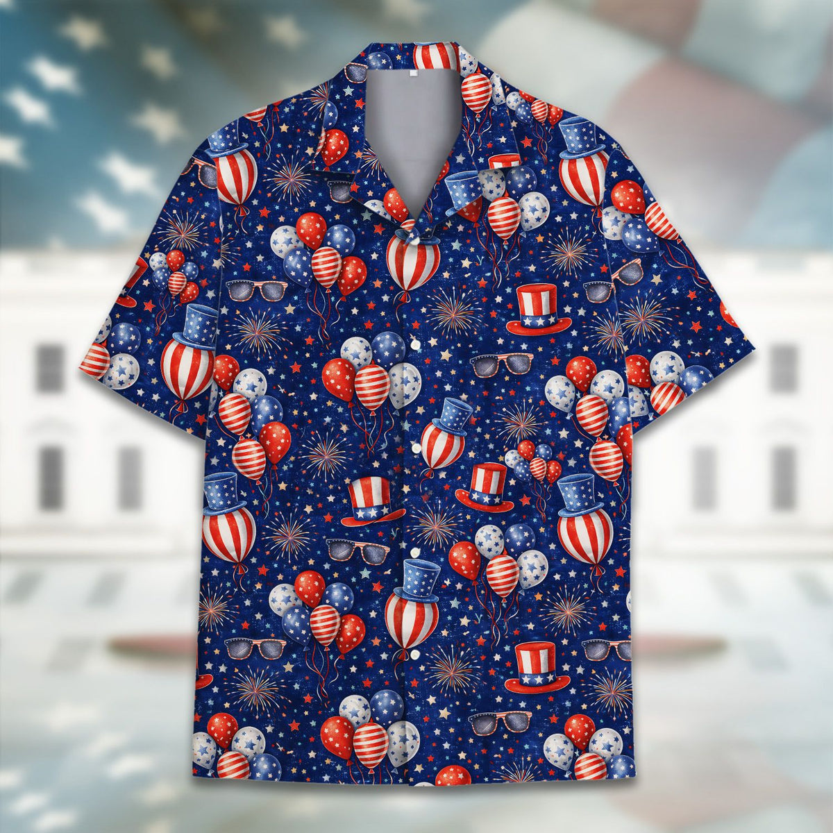 Detailed front view showing Uncle Sam hats and fireworks on the hawaiian shirt