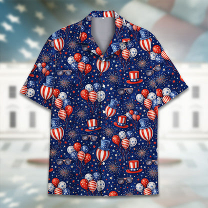Detailed front view showing Uncle Sam hats and fireworks on the hawaiian shirt