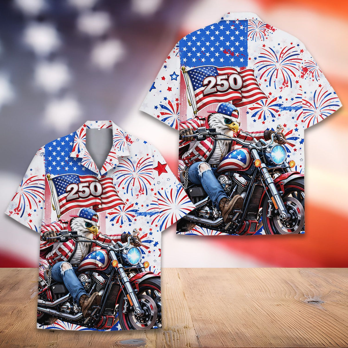 Close-up front view of the patriotic eagle pattern on the shirt