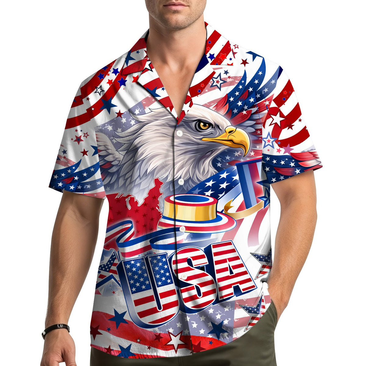 Front view showing the USA map and stars design on the hawaiian shirt