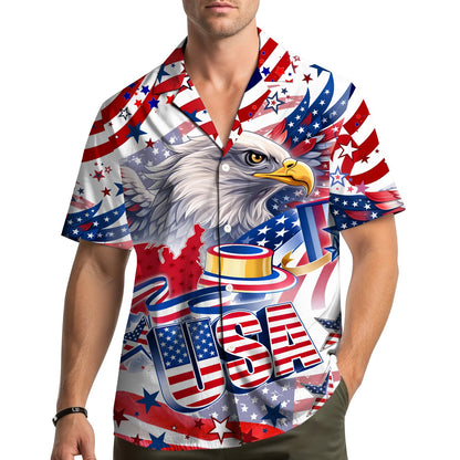 Front view showing the USA map and stars design on the hawaiian shirt