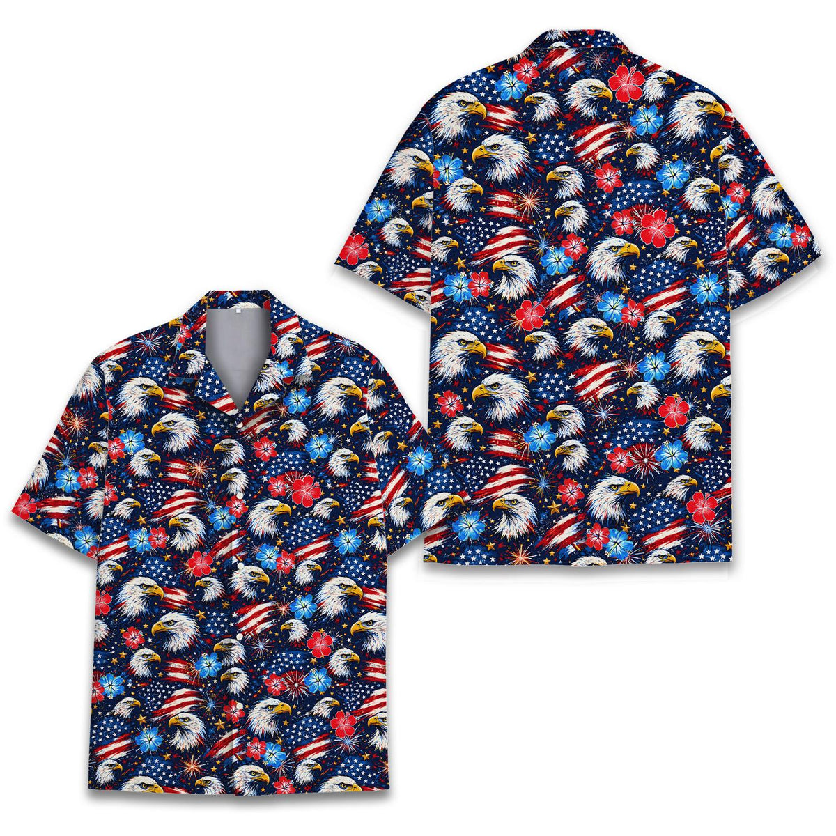 Patriotic hawaiian shirt featuring bald eagles, flags, and hibiscus on a starry background, alternative front view 4