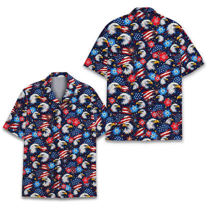 Patriotic hawaiian shirt featuring bald eagles, flags, and hibiscus on a starry background, alternative front view 4