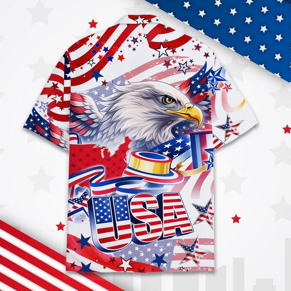 Close up front view of the Fourth of July hawaiian shirt