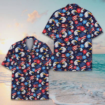 Patriotic hawaiian shirt featuring bald eagles, flags, and hibiscus on a starry background, alternative front view 5
