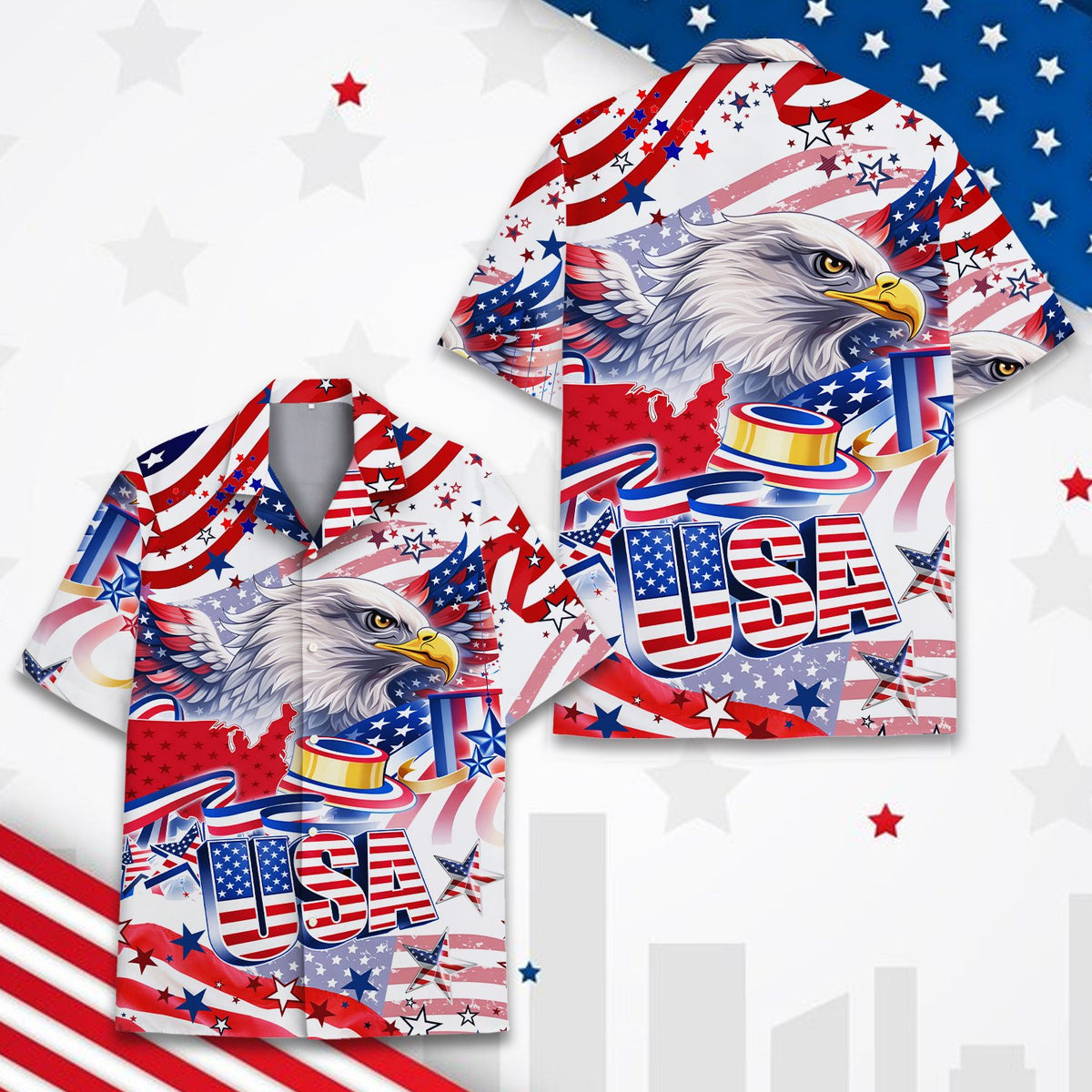 Additional front view of the patriotic adult hawaiian shirt