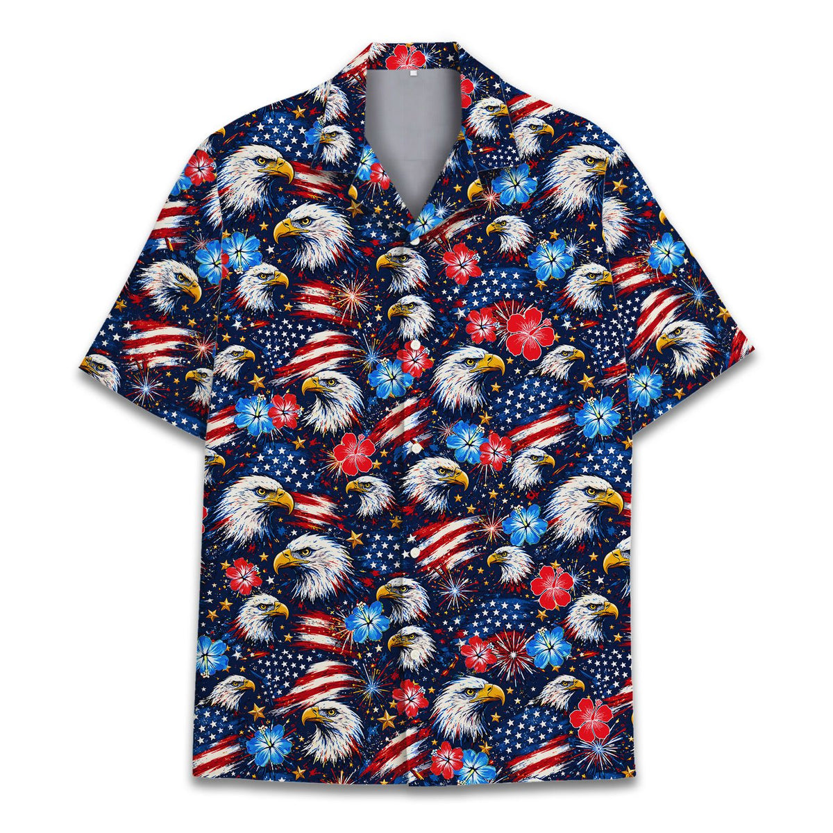 Patriotic hawaiian shirt featuring bald eagles, flags, and hibiscus on a starry background, alternative front view 6