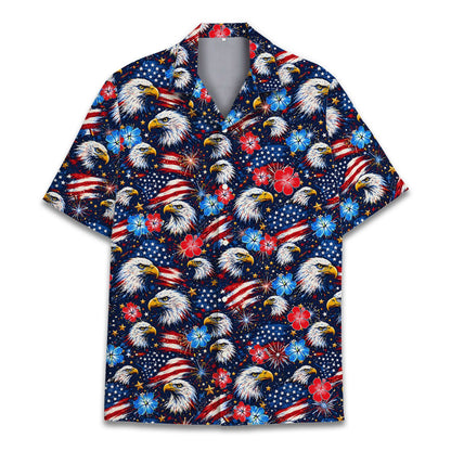 Patriotic hawaiian shirt featuring bald eagles, flags, and hibiscus on a starry background, alternative front view 6