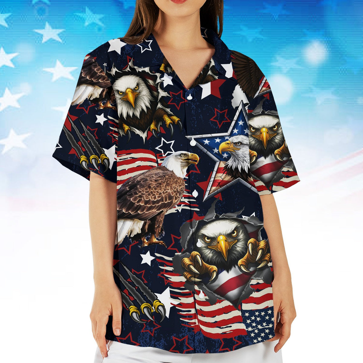 Front detail showing button down style of the patriotic hawaiian shirt
