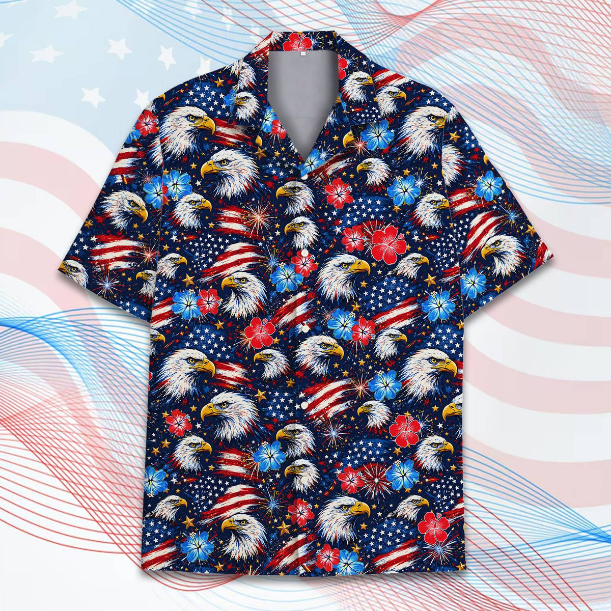 Patriotic hawaiian shirt featuring bald eagles, flags, and hibiscus on a starry background, alternative front view 7