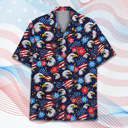 Patriotic hawaiian shirt featuring bald eagles, flags, and hibiscus on a starry background, alternative front view 7