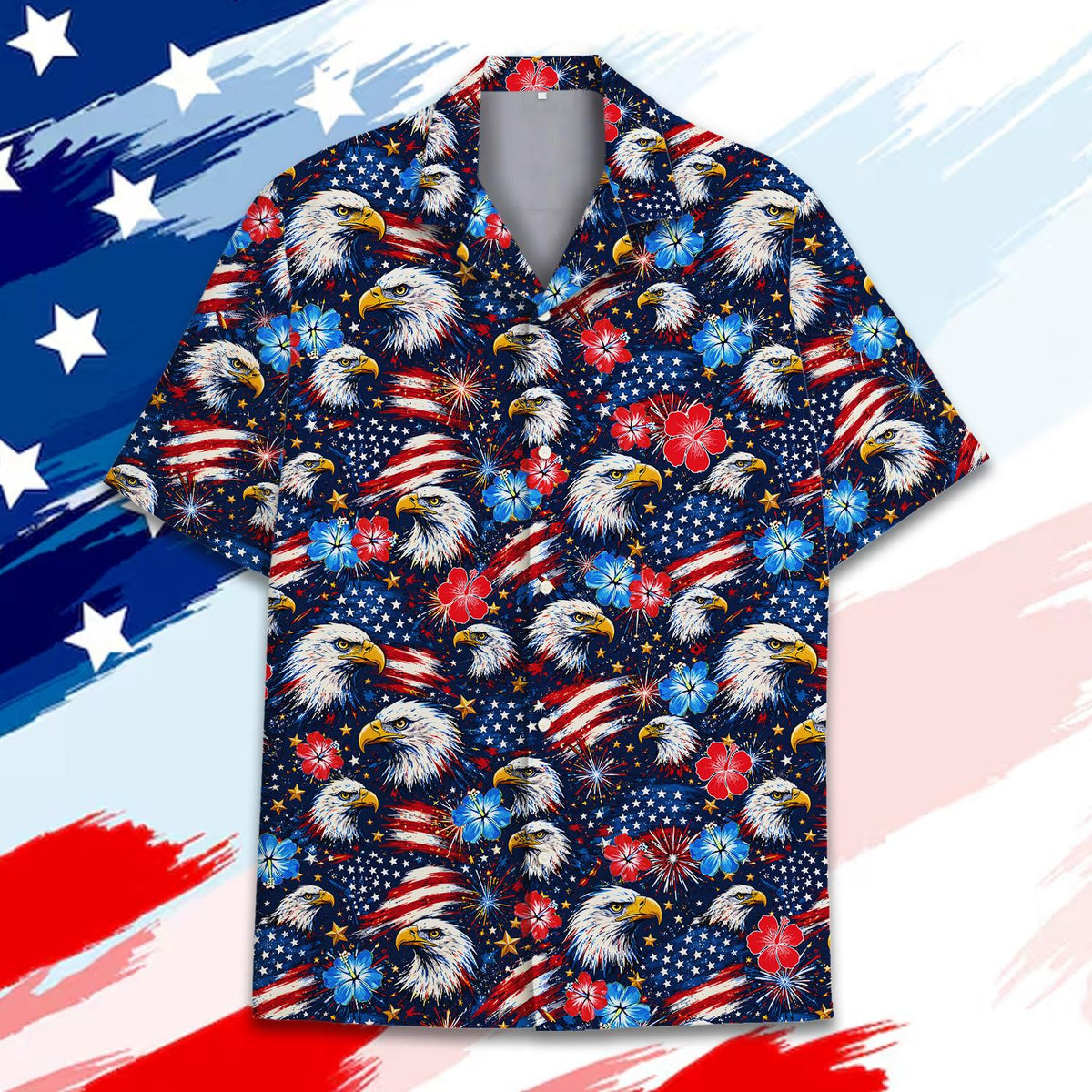 Patriotic hawaiian shirt featuring bald eagles, flags, and hibiscus on a starry background, alternative front view 8