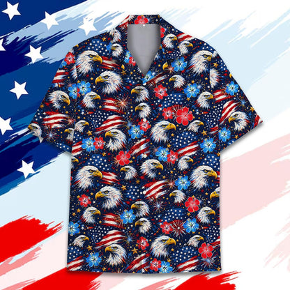 Patriotic hawaiian shirt featuring bald eagles, flags, and hibiscus on a starry background, alternative front view 8