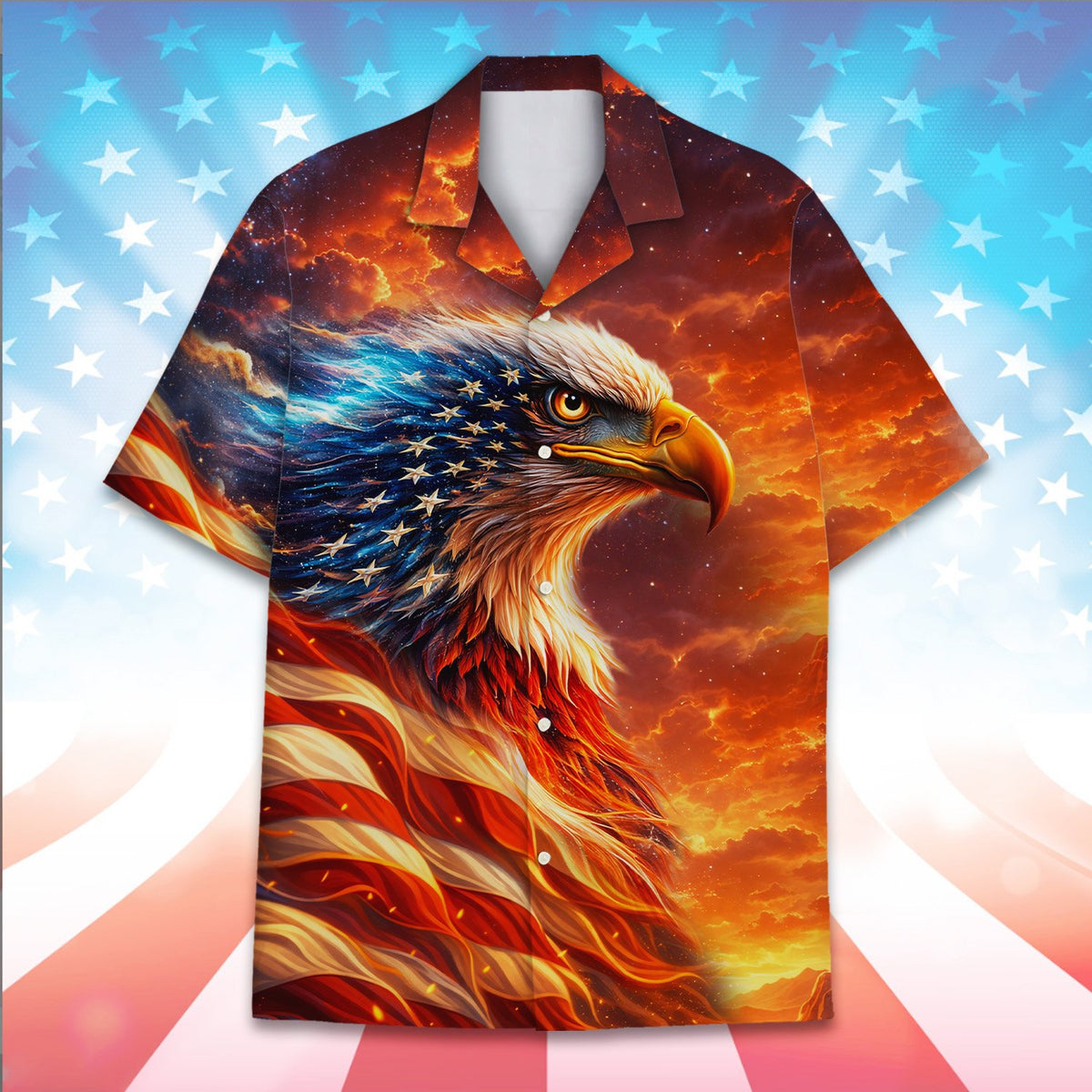 Matching family patriotic hawaiian shirt featuring bald eagle and sunset design, alternate main view