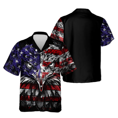 Front view of the black patriotic hawaiian shirt with eagle graphic