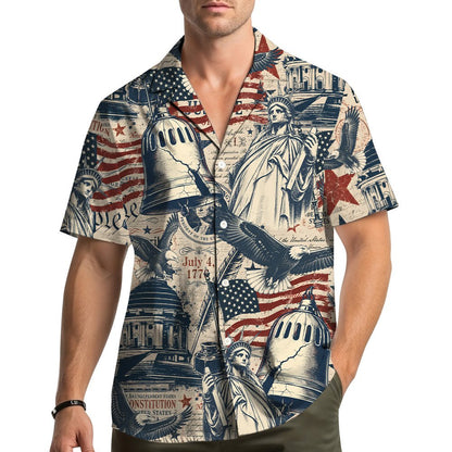 Beige patriotic Hawaiian shirt featuring vintage American imagery, main view