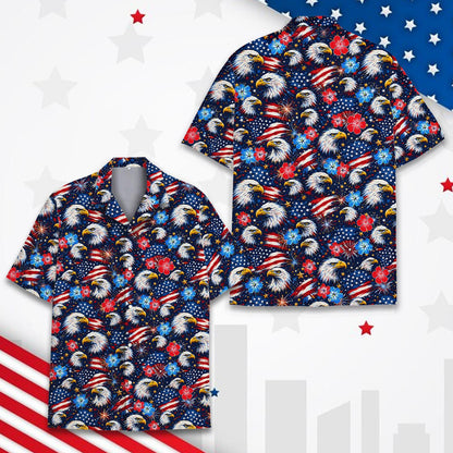 Patriotic hawaiian shirt featuring bald eagles, flags, and hibiscus on a starry background, main view