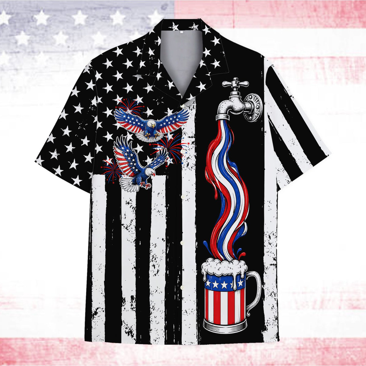Patriotic hawaiian shirt featuring fireworks and eagles, front view