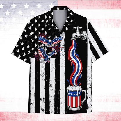 Patriotic hawaiian shirt featuring fireworks and eagles, front view