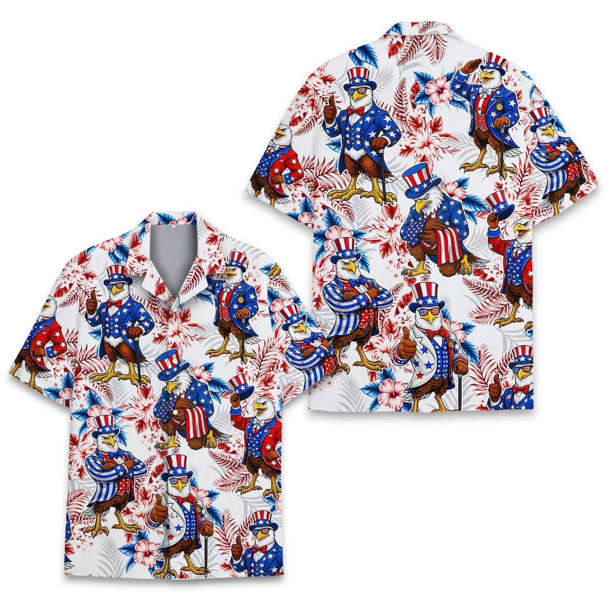 Main view of the patriotic hawaiian shirt featuring Uncle Sam eagles and tropical flowers