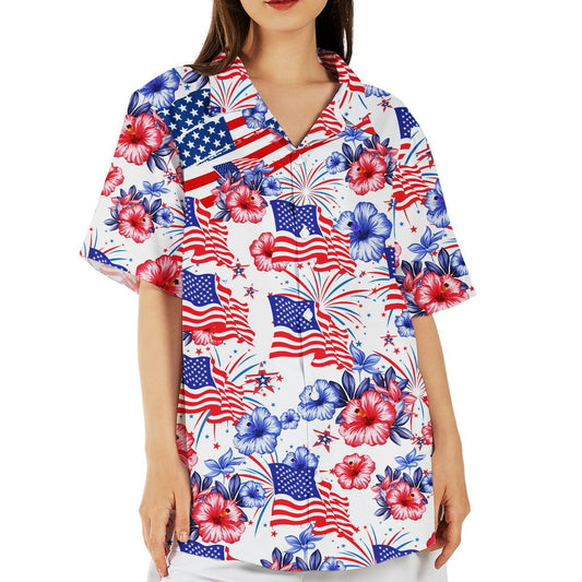 Patriotic hawaiian shirt featuring wavy American flags and fireworks, front view